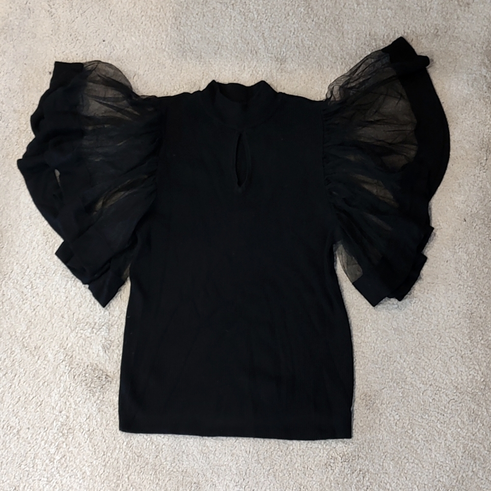 New York and Company Black Keyhole Knit Top with Flowy Sleeves